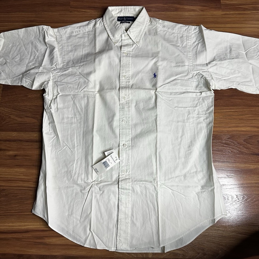 Vintage Polo Ralph Lauren Shirt Mens Large Ivory Button Down Bright Blue Pony - Picture 2 of 8